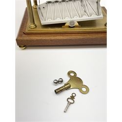 Mid 20th century 'Congreve' rolling ball clock, sloped arch and pierced brass movement, the central Arabic minute chapter ring flanked by hour and seconds dials, twin train driven eight day movement, raised on mahogany plinth with turned brass feet, under acrylic cover