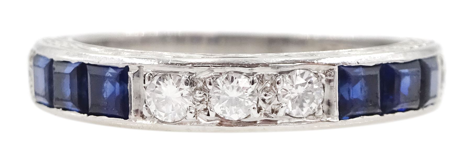 18ct white gold round brilliant cut diamond and calibre cut sapphire half eternity ring, London 1972, total diamond weight approx 0.30 carat
