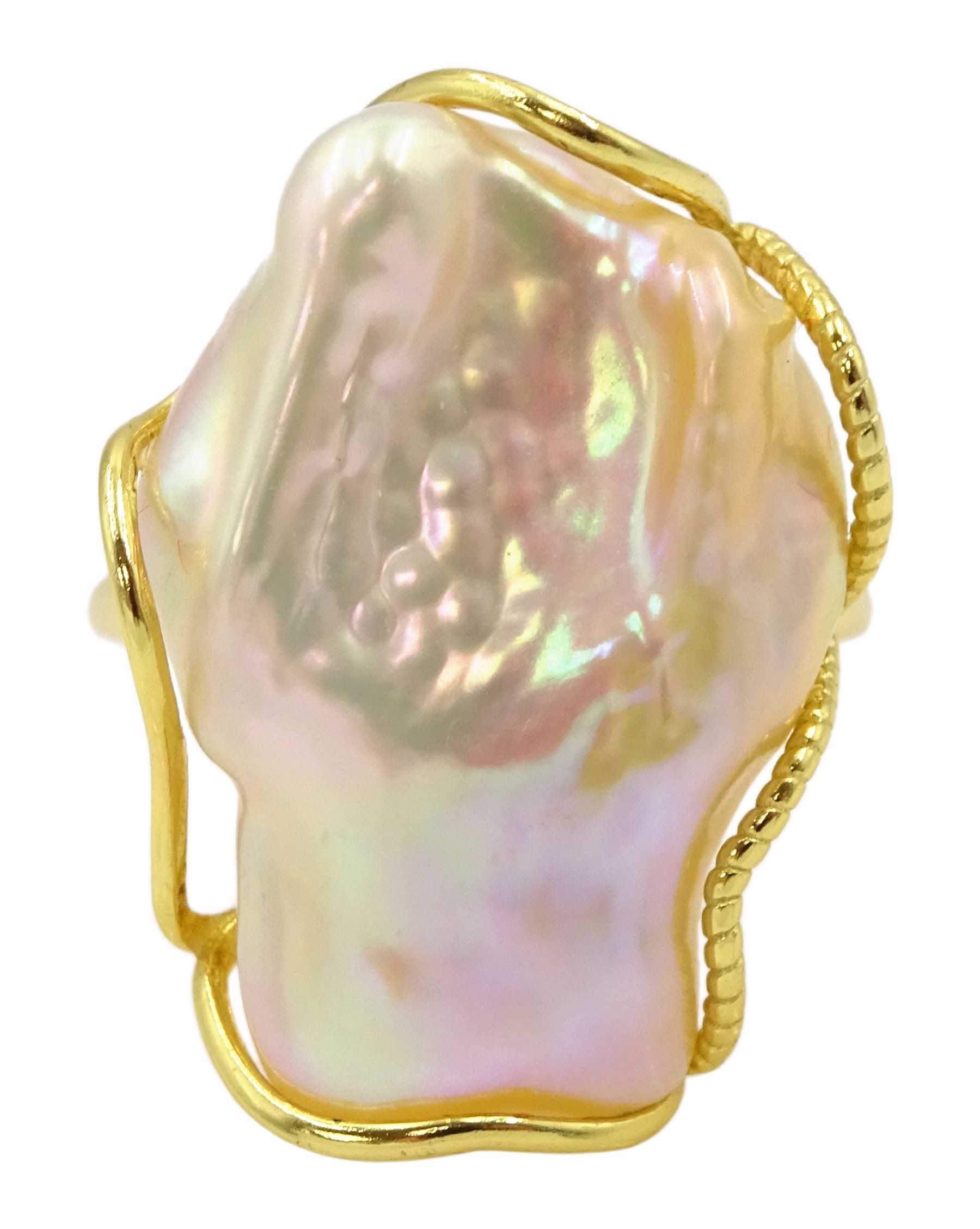Silver-gilt Baroque pearl ring, stamped S925