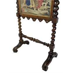 Victorian rosewood fire screen, scrolled foliage carved pediment, rectangular frame with moulded gilt slip enclosing figural needlework tapestry panel, on spiral turned supports with finials united by turned lower stretcher, on out-splayed feet with scroll carved terminals 