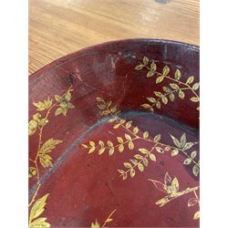 Early 19th century red lacquered papier-mâché tray by Clay of King Street Covent Garden, of rounded rectangular form, painted in gilt with large foliate sprays and butterflies, impressed verso CLAY KING ST COVENT GARDEN, W66.5cm D48.5cm
