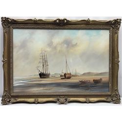 David C Bell (British 1950-): 'A Yorkshire Coastal Scene' - Vessels at Low Tide, oil on canvas signed, original title label verso 50cm x 75cm Provenance: with James Starkey Galleries, Beverley, label verso
