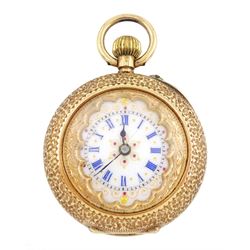 Early 20th century Swiss 14ct gold open face cylinder fob watch, white enamel dial with Ro...