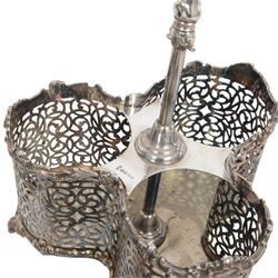 Silver plated twin handled bottle holder bottle, together with another bottle coaster and other plated items