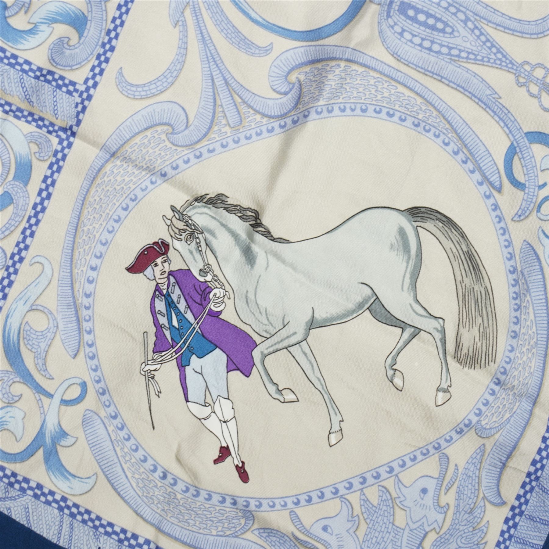 Hermes 'La Presentation' silk scarf in teal and cream colourway, designed by Christiane Vauzelles, 88cm x 86cm 