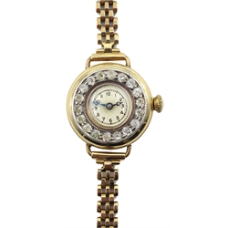  Swiss ladies gold manual wind wristwatch, old cut diamond bezel, case by Robert John Pike, stamped 18K, on later gold link bracelet, hallmarked 9ct  