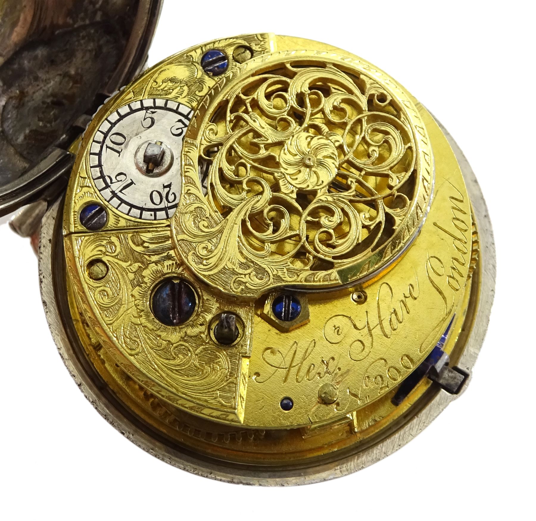 18th century silver pair cased verge fusee pocket watch by Alexander Hare (London ca.1781-1824), No. 200, square baluster pillars, pierced and engraved balance cock, white enamel dial with Roman hours and outer Arabic minute ring, beetle and poker hands, case makers mark G H, London 1770, with a fabric watchpaper embroidered with map of Europe