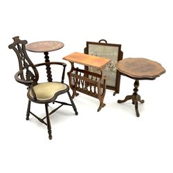 Victorian mahogany tripod table, early 20th century beech armchair, 20th century oak fire screen with needlework panel, magazine rack, tripod table and a rectangular occasional table (6)