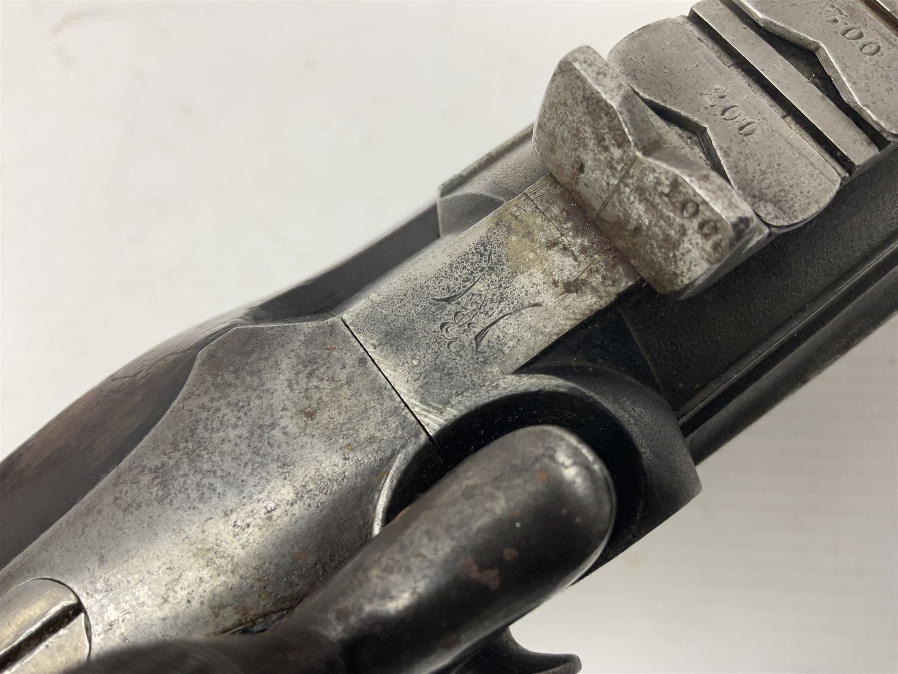 19th century George Gibbs of Bristol .461 cal. muzzle loading percussion match rifle with 28cm cut-down barrel and cut-down stock, Metford type rifling, fitted with additional three folding leaf rear sight to 400yds, back action sight still fitted to tang, maker's name to lock and top of barrel, serial no.439. L46.5cm overall