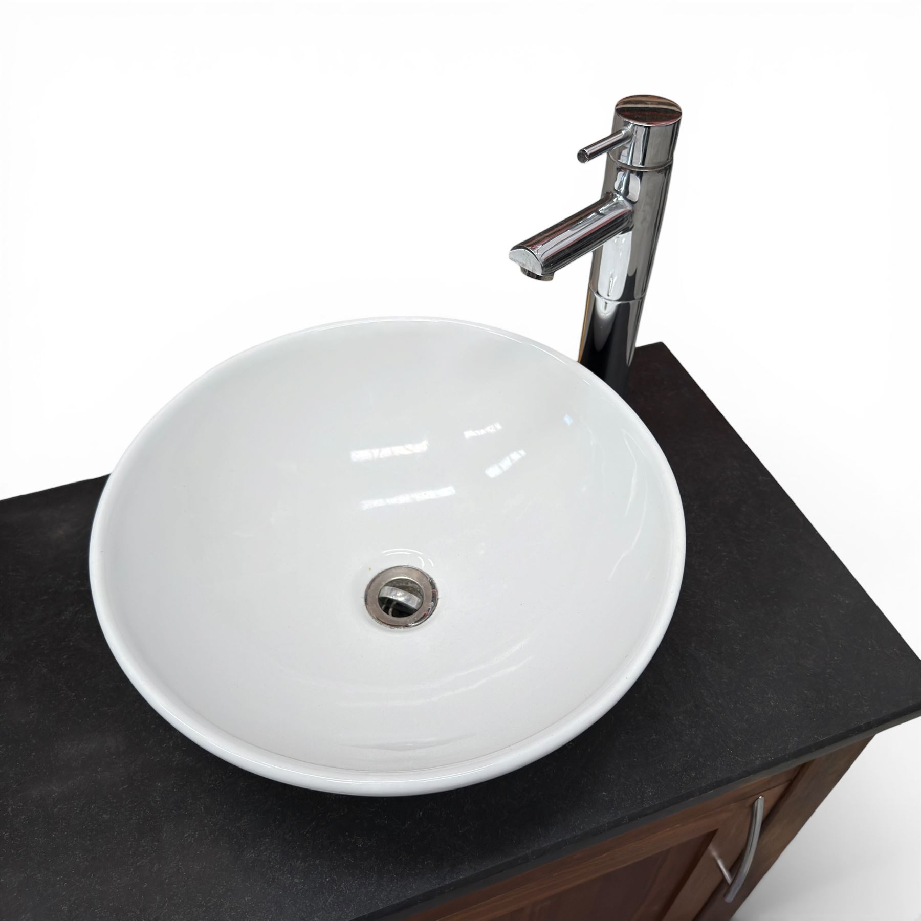 Stone Wood - freestanding wash basin, tap and cupboard with granite top in a dark oak finish