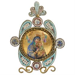 Italian micro mosaic icon of Madonna with Child, the central scene heighted with gilt, sur...