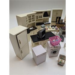 Modern 1:12 scale dolls house furniture, comprising pine kitchen set, with wall cabinets, floor cabinets and sink unit, white wooden bathroom suite, white wooden kitchen and dining room furniture and appliances, wooden bedroom furniture, Raine purple wingback chair, tv, desk, fish tank, etc