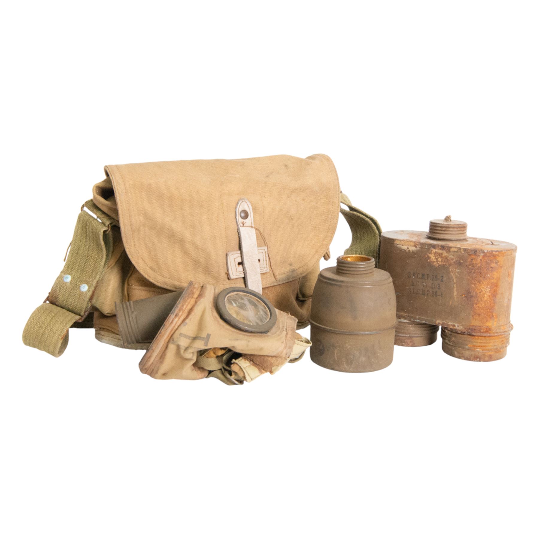 1940's French Army gasmask in canvas bag, together with pre 1938 gas mask filter, the filter marked S.E.C.M.P. 36-2 A.C 34 403 S.E.C.M.P 36-4 