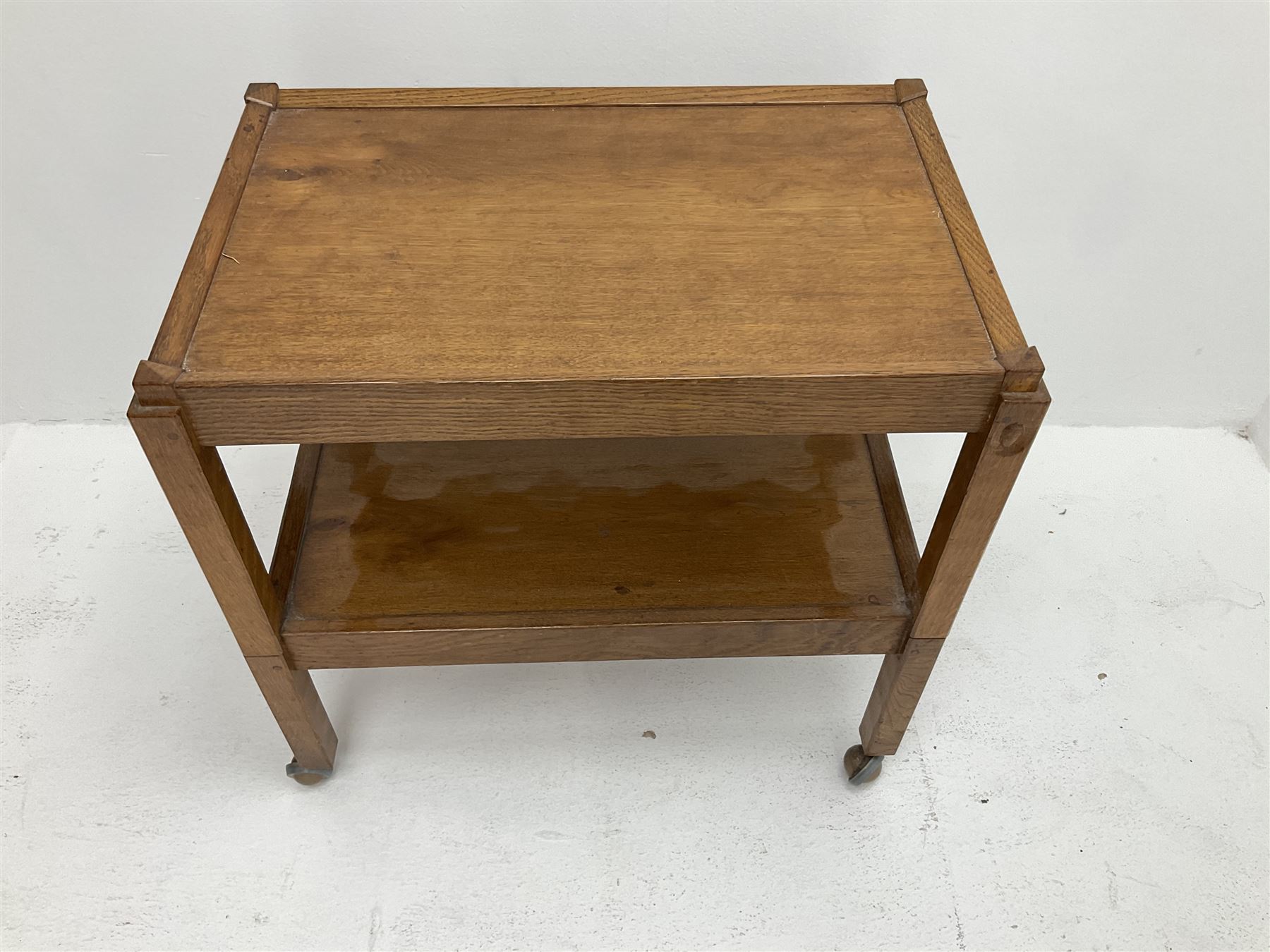 'Acornman' oak tolley with removable upper occasional table, all over adzing, by Alan Grainger of Brandsby, York