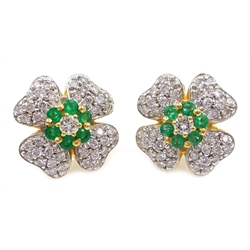  Pair of 18ct gold diamond and emerald flower head ear-rings  