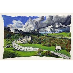 Bridget Bernadette Karn (Yorkshire Contemporary): ‘On the Edge of the Storm - Cow and Calf Ilkley’, wool and felt collage, signed titled and dated February 2021 verso 103cm x 162cm