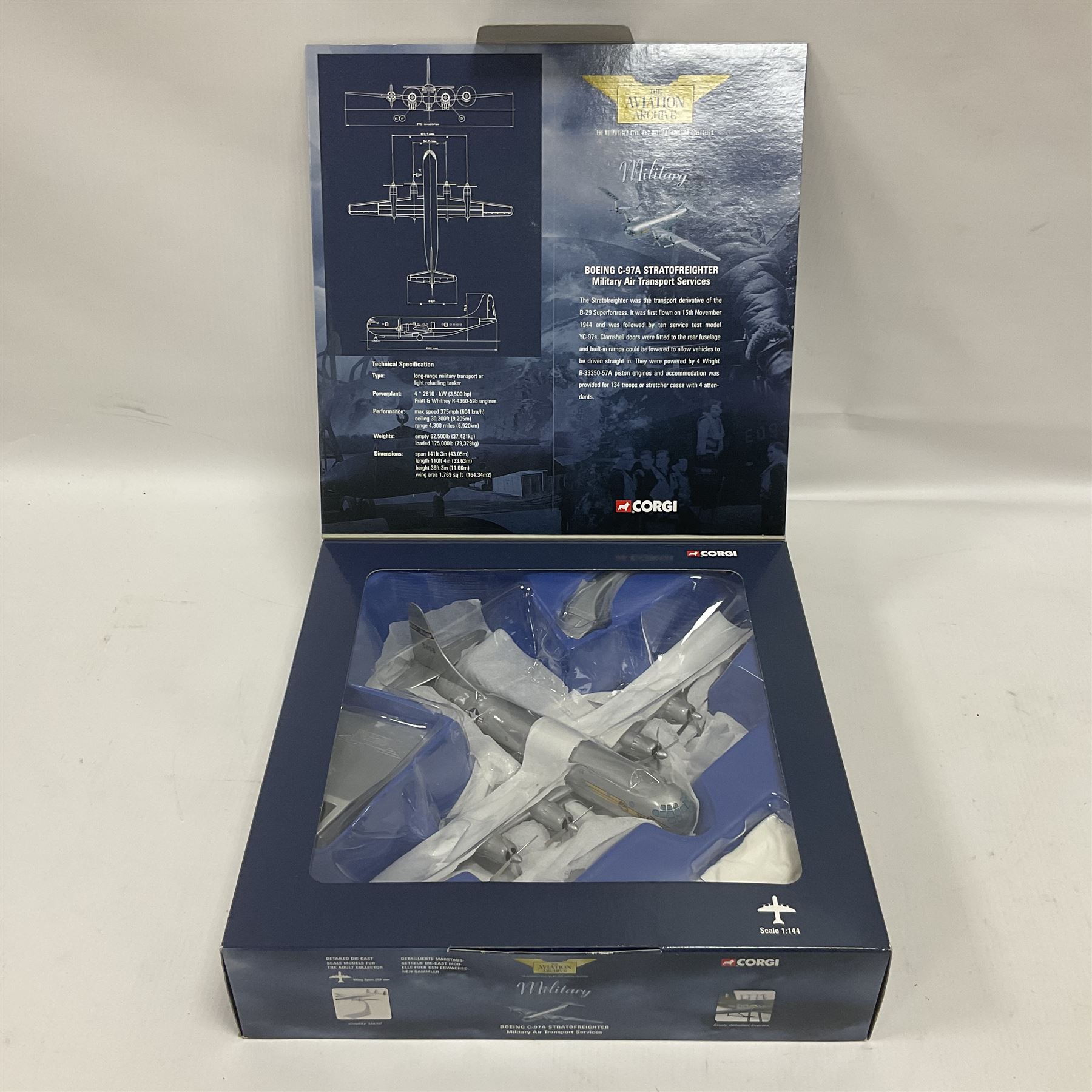 Corgi - Aviation Archive, eight models comprising three ‘Military’ and five ‘Berlin Airlift’ 1:144 scale models, to include limited editions AA31502 Bristol Britannia 312F ‘XX-367’ ‘Team Spirit’ A&AEE Boscombe Down no.686/2500; 48104 Boeing C-97A Stratofreighter Military Air Transport Services no.2815/4000; 47205 Avro York - RAF; 47403 Avro Lancastrian; all boxed (8)