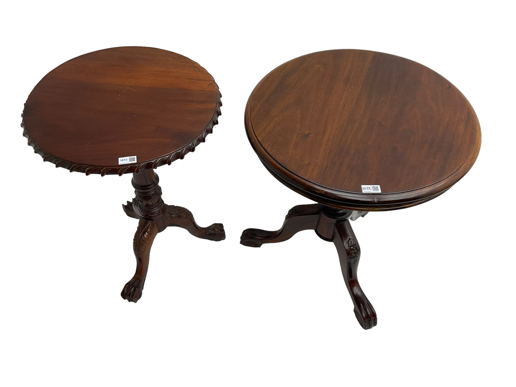Georgian design mahogany pedestal occasional table, carved edge over birdcage action support, tripod base with acanthus leaf decoration and ball and claw feet (W50cm H70cm); Georgian design occasional table, circular top over vasiform pedestal with tripod base (W59cm H70cm)