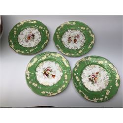 A group of assorted ceramics, to include a pair of small Vienna urns and covers decorated with hand painted figural panels and heightened with gilt, four matching Victorian plates, with central hand painted floral sprays within a green and pierced border, a similarly decorated Victorian bowl, similar bowl with claret border, Continental cup and saucer, the cup decorated with printed scene and raised upon three paw feet, etc. 