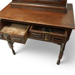 Late 19th to early 20th century Bonheur de Jour or writing bureau, the upper section enclosed by fall front decorated with geometric mouldings and oval inlaid panels depicting floral urns and swags, fitted with document divisions and two small drawers, the lower section fitted with two drawers with applied mouldings, on turned supports united by undertier, 'Hobbs & Co of London' locks