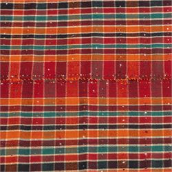 South West Persian Jajim kilim, formed from two joined flatwoven panels, patterned with intersecting stripes in red, orange, green, dark brown and ivory forming a checked design, scattered coloured dot motifs, multicoloured wool tassels along the sides