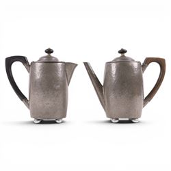 Tudric pewter part coffee set, coffee pot, hot water jug and milk jug, together with a Tudric pewter clock