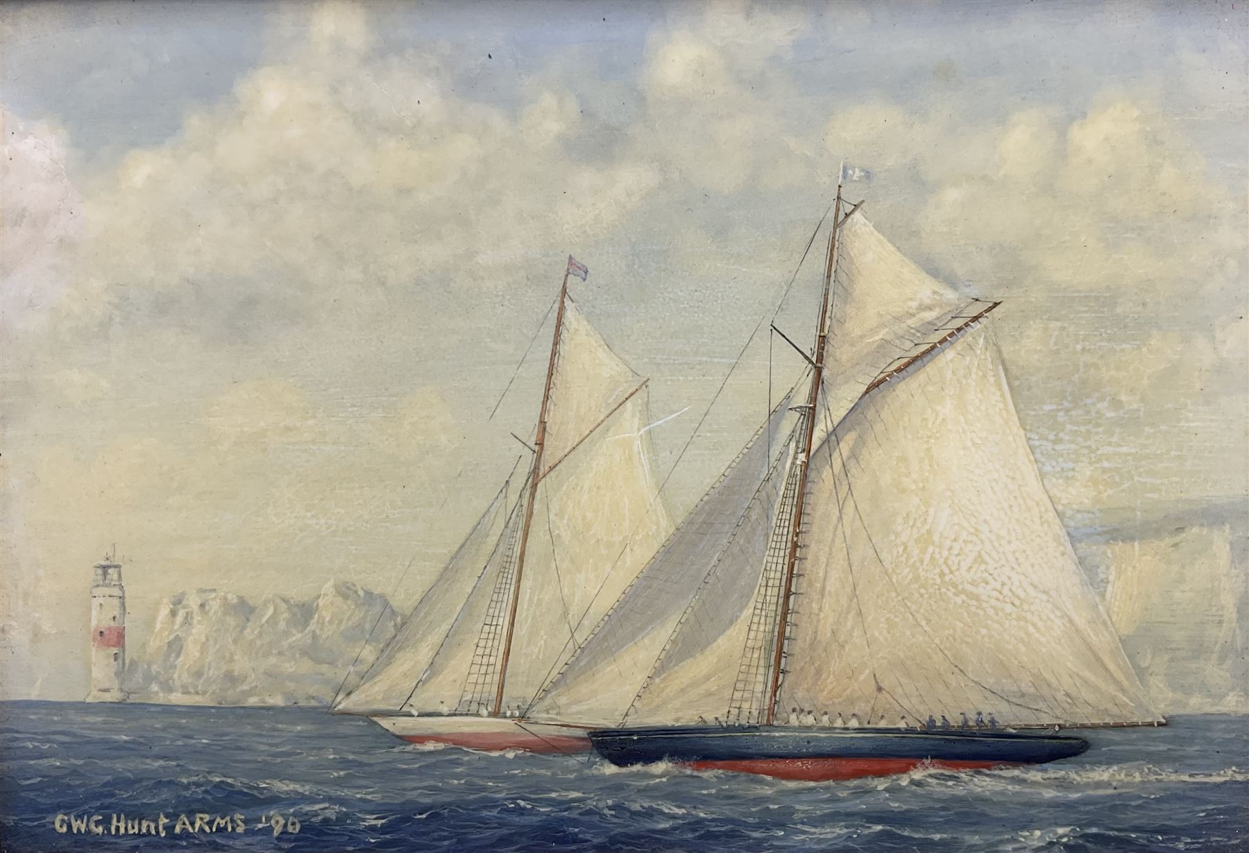 Geoff Hunt RMS (British 1948-): 'Britannia and Valkyrie II off The Needles 1893', oil on board signed and dated '90, titled and inscribed verso 8.5cm x 12.5cm