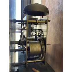 An oak and mahogany longcase clock by William Hewson, Lincoln c 1860, with a swans neck pediment, ball and spire finials and brass paterae, break arch hood door flanked by reeded pilasters with brass capitals, oak trunk with canted corners and a short oak door with mahogany crossbanding, conforming plinth with applied skirting, fully painted dial with Roman numerals, minute track and subsidiary seconds dial, matching brass stamped hands and winding collets, depiction of a  sportsman to the break arch and corresponding game birds to the spandrels, dial pinned directly to an eight-day rack striking movement with a recoil anchor escapement, striking the hours on a bell. Original casemakers label pasted to the inside of the case 