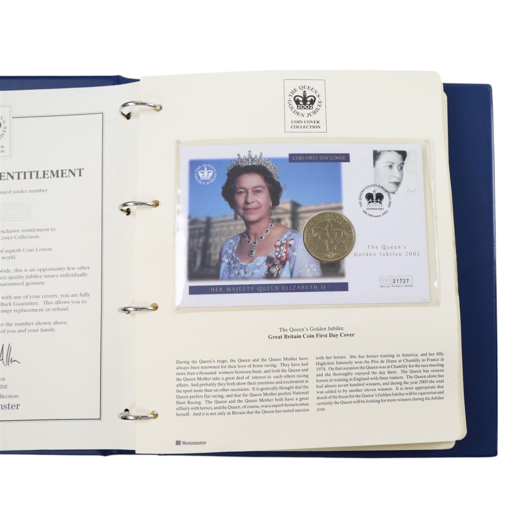 Approximately 104 Royal Mail Royal Mint coin or medallion covers, housed in an official Royal Mail Royal Mint ring binder folder and loose, together with The Queen's Golden Jubilee Coin Cover Collection in two albums, commemorative fifty pences, crowns, etc