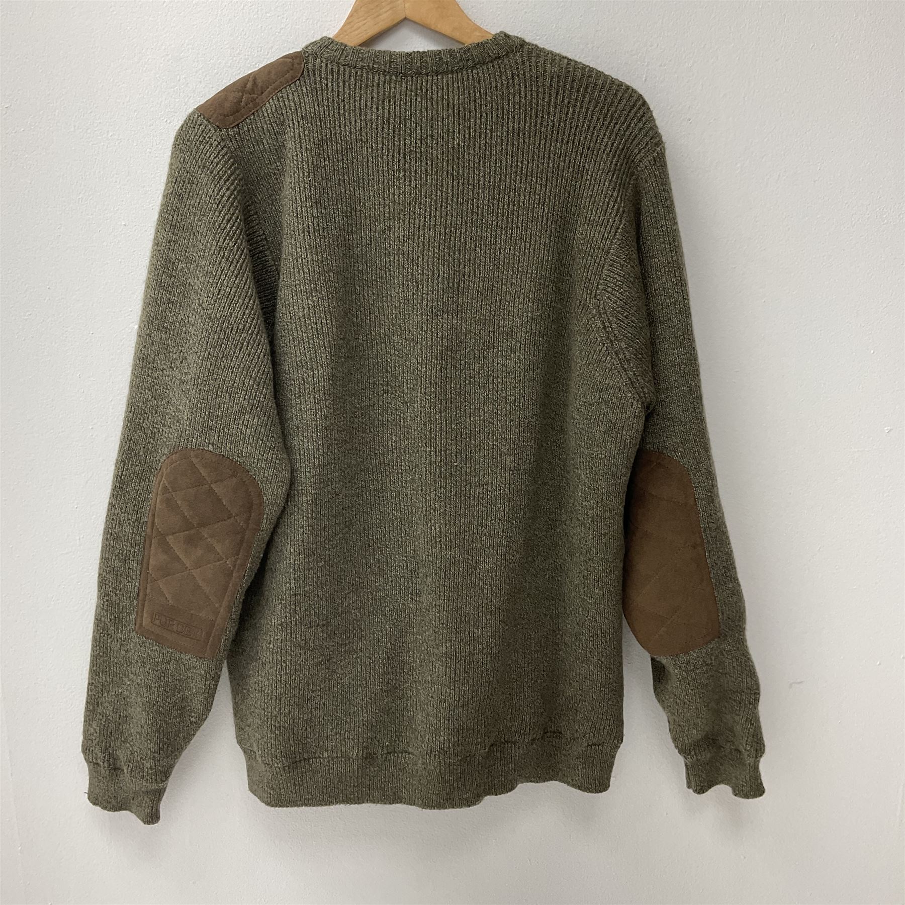 Purdey 100% Merino wool shooting jumper with waterproof lining and suede leather left shoulder pad and arm pads, size L