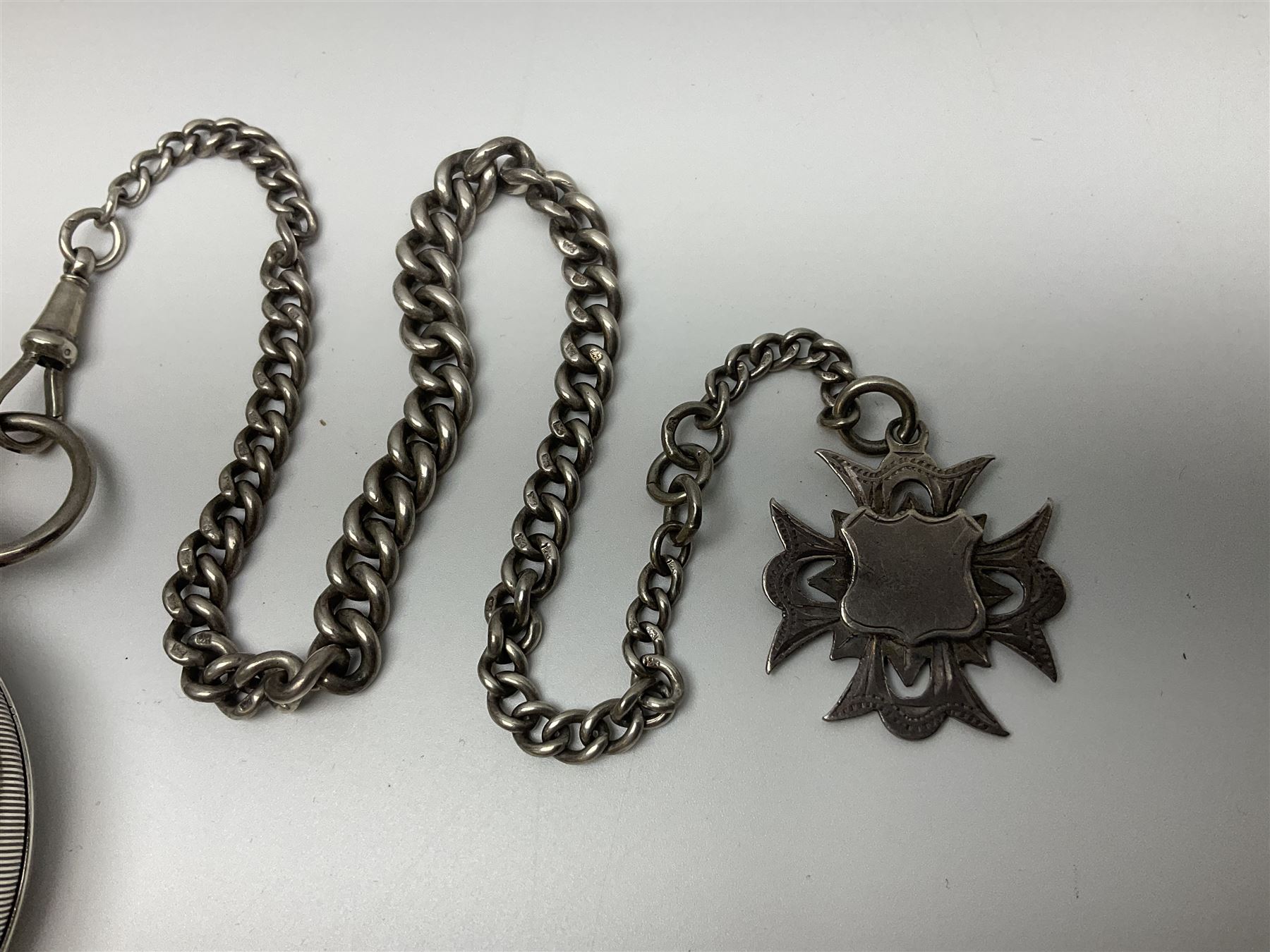 Edwardian silver open face lever pocket watch, case by Alfred Wigley, Birmingham 1901, on silver tapering Albert chain, 14ct gold ladies manual wind wristwatch, two pairs of silver sugar tongs by Francis Higgins II, London 1880, silver charm and a 9ct gold cameo