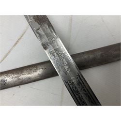 Victorian British Army officer's sword by Hobson & Sons Little Windmill Street London, the 82cm fullered steel blade etched with crowned Victoria cypher and 'HM 1st West York R.V.', lined gilded brass three-bar hilt incorporating Victoria cypher and wire-bound fish skin grip with plaited knot; in steel scabbard with two hanging rings L99cm overall