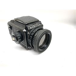 Zenza Bronica S2A medium format camera body, with Zenza Bronica Zenzanon MC '1:2.4 f-80mm' lens, together with Nippon Kogaku Nikkor-P '1:4 f-200mm' lens, Nikkor D.C '1:4 f-40mm' lens, two film backs and other camera equipment, housed in a hard flight case