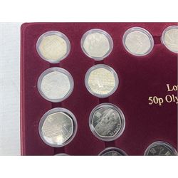Queen Elizabeth II United Kingdom London 2012 Olympic commemorative fifty pence collection comprising twenty-nine coins, housed in unofficial display case