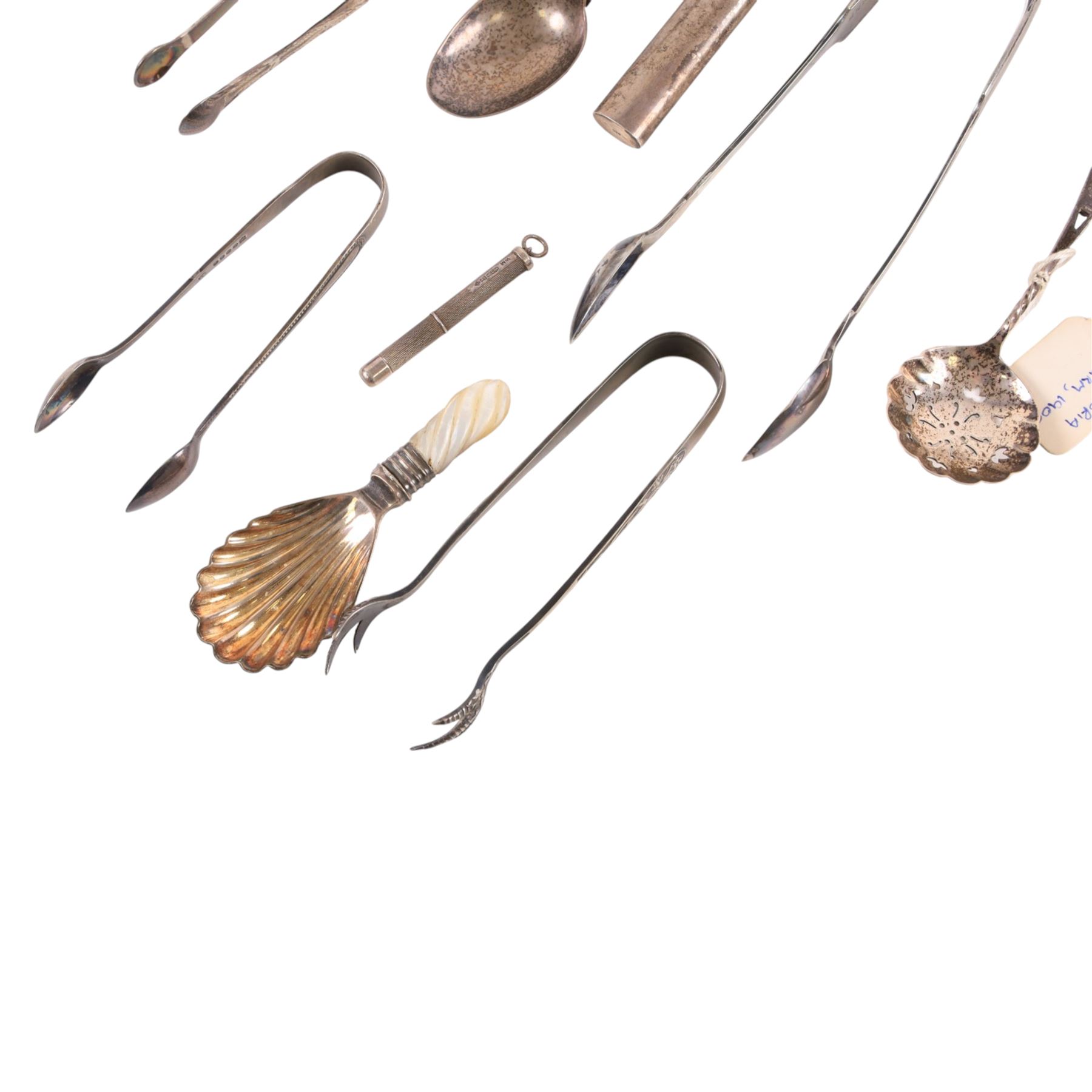 Silver cigar piercer, hallmarked together with silver medicine spoon, pencil case and other silver and three plated sugar tongs   