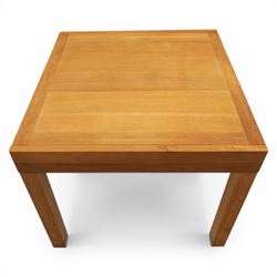 Contemporary square light oak extending dining table, and set of four chairs, table extends to 180cm