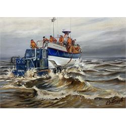 K P Butterworth (British Contemporary): 'Launch of the Bridlington Lifeboat', oil on canvas board signed, titled verso 43cm x 59cm 