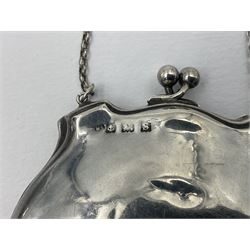 Early 20th century silver mounted coin purse, with leather interior and finger chain, hallmarked Samuel M Levi, Birmingham 1917, together with a similar Edwardian example, with engraved initials and engine turned decoration, hallmarked Birmingham 1907, maker's mark worn and indistinct, largest W11.3cm