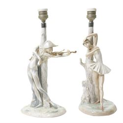 Pair of Lladro lamps, modelled as a Violinist and a Ballerina, including fittings H38cm (2)