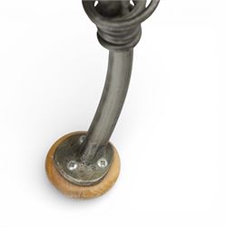 Paul Hodgkiss Designs of Glasgow - contemporary shaped elm dining table with wrought iron base; with set ten (8+2) matching high-back dining chairs, table of organic form above an elaborate wrought iron supports, with central elm stretcher, the chairs with en suite with matching wrought iron work burred elm headrest, purple velour upholstery with drop in seat     

Table: W 102cm, L 243cm, H 74cm
Chairs: W 56cm, D 52cm, H 130cm