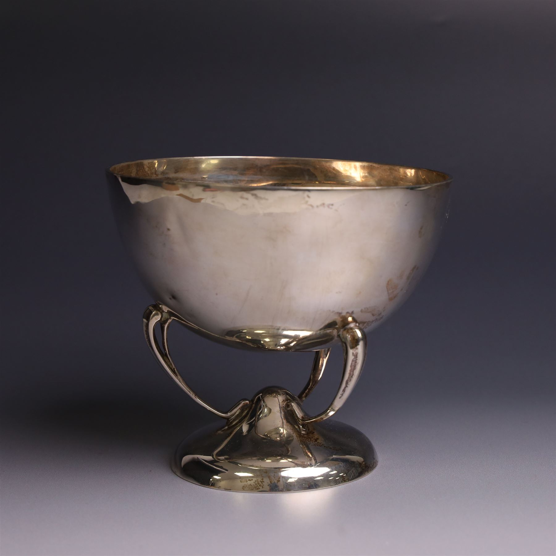 Art Nouveau silver trophy cup, engraved circular bowl upon three naturalistic curved supports,and a circular foot, engraved 'Cairo's Open Cup' to body, H11cm