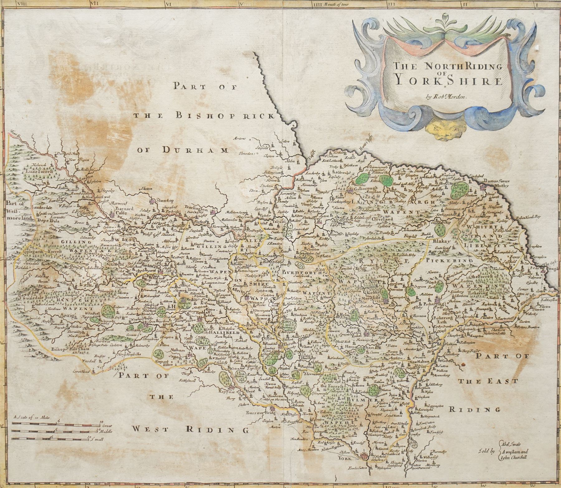 Robert Morden (British c.1650-1703): 'The North Riding of Yorkshire' and 'The East Riding of Yorkshire', two 17th/18th century engraved maps with hand colouring 38cm x 43cm (2)