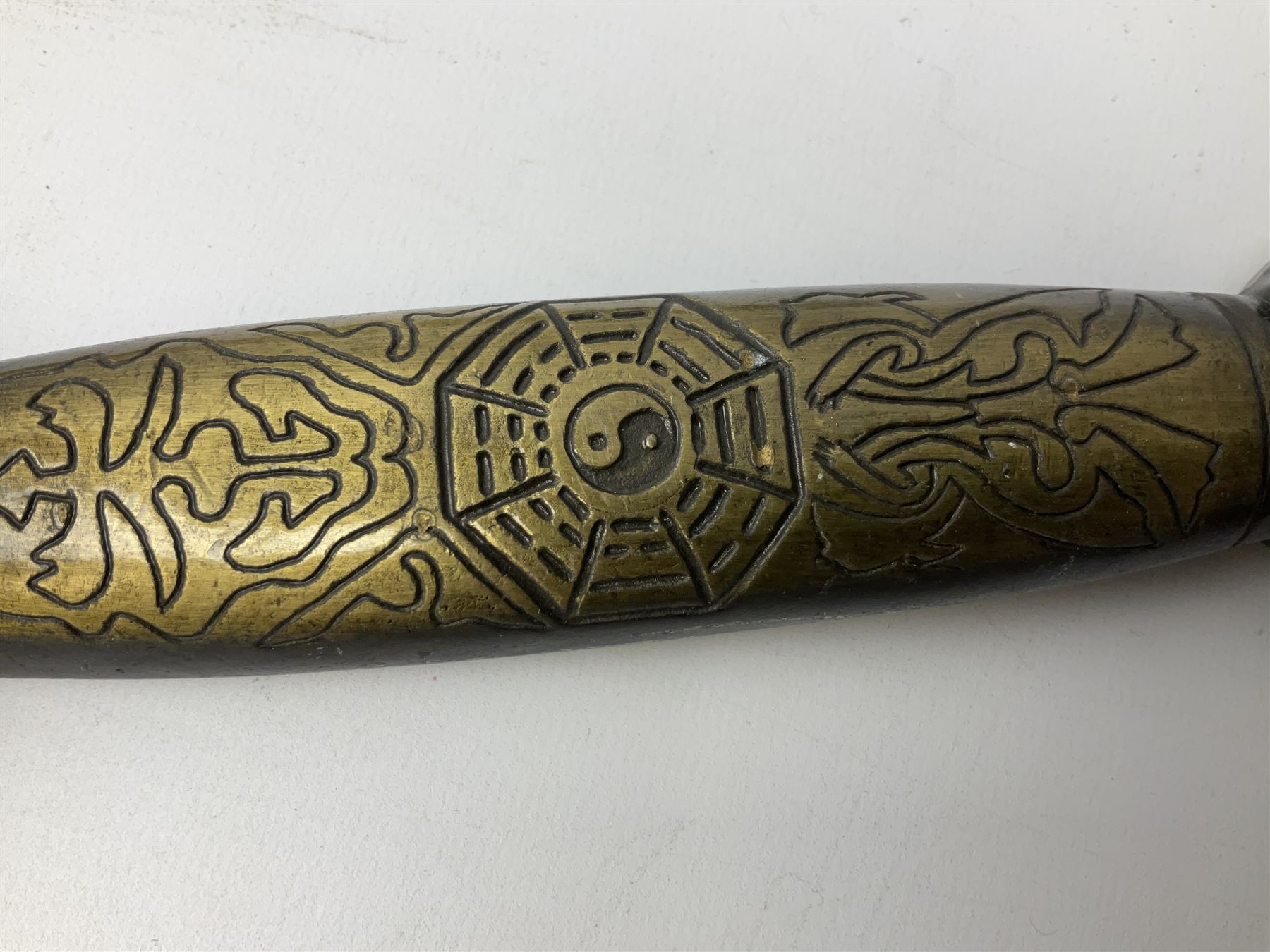 Three reproduction swords - Japanese katana and saya; Tai Chi sword with ornate scabbard; and dress sword with fullered triangular blade and horn handle (3)