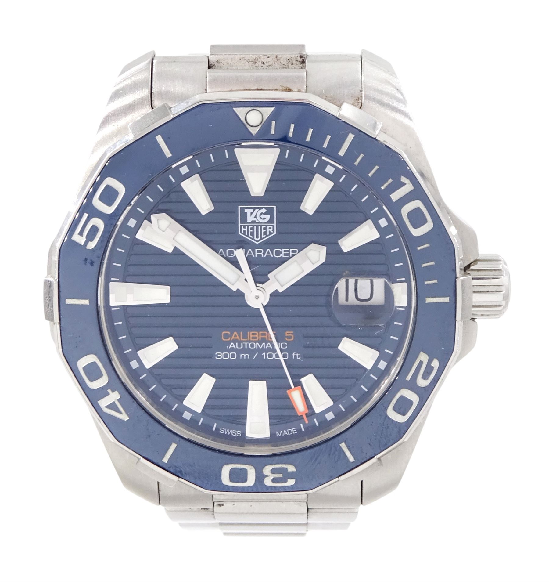Tag Heuer Aquaracer gentleman's stainless steel automatic wristwatch, Ref. WAY211C,  Calibre 5, serial No. RZV8916, blue dial with dagger hour markers, date aperture and unidirectional rotating bezel, on original stainless steel bracelet, with fold-over clasp