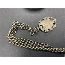 Five Victorian and early 20th century silver lever pocket watches including keyless half hunter, Fattorini & Sons, Bradford, Thomas Russell & Sons, Liverpool and Thomas Yates, Preston and a silver graduating Albert chain with fob