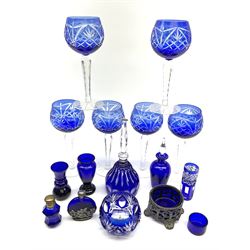 Set of six Bohemian style blue flashed hock glasses, plus a selection of further blue glass, to include scent bottles, bell, dwarf vases, etc. 