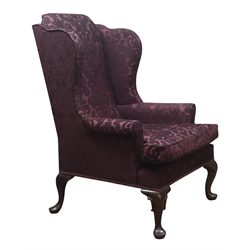  20th century Queen Anne style wingback armchair, upholstered in purple Damask fabric with loose feather cushion, walnut cabriole feet, W79cm  
