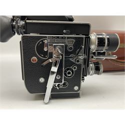 Paillard Bolex H16 RX5 cine camera body with turret for interchangeable lenses, serial no. 232492, with 'Switar H16RX 50mm f1.4' lens, serial no. 667880, 'Switar H16RX 25mm f1.4' lens, serial no.675510, 'Switar H16RX 16mm f1.8' lens, serial no. 884046 and RX fader, in fitted leather carrying case