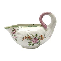 18th century Derby porcelain sauce boat, of leaf moulded form with curled handle, decorated throughout with floral sprays, L11cm