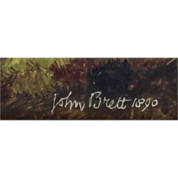 John Brett (British 1831-1902): 'Fylingdales Moor' looking towards Whitby, oil on canvas signed and dated 1890, 38cm x 76cm
Provenance: East Yorkshire private collection; exh. Royal Academy 1891 No.458; purchased by W.A. Pye Esq. in February 1891 for the sum of £100, then by descent through the Pye family; Sotheby's London 12th November 1992, Lot 132; Thomas Agnew & Sons Ltd. London (then listed as Treyarnon Bay) No.WA2457 (label verso) where purchased by J.E. Dayton; Sotheby's London 10th March 2005, Lot 217, where purchased by the vendor (at the same sale an oil sketch of the same scene was sold as Lot 218).
Literature: Birmingham Daily Post 30th May 1891; C. Payne & C. Brett: John Brett: Pre-Raphaelite Landscape Painter (Yale Univ. Press 2010) Cat no.1350, ill p 236
Notes: The painting has previously been erroneously listed as Treyarnon Bay; this is because the frame, made for the artist by Dolman & Son, previously contained 'Treyarnon Bay' of 1889, and a label previously affixed to the frame displayed this title.